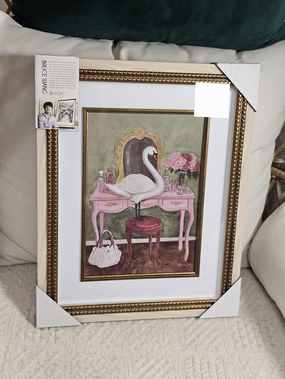 Bruce Wang Swan Vanity Framed Art Print - Pink, Green, Gold